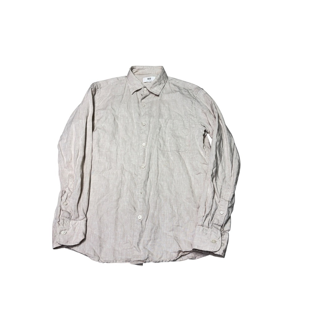 Uniqlo Premium Linen Button Down Shirt Mens Small Beige Oatmeal 331-464932